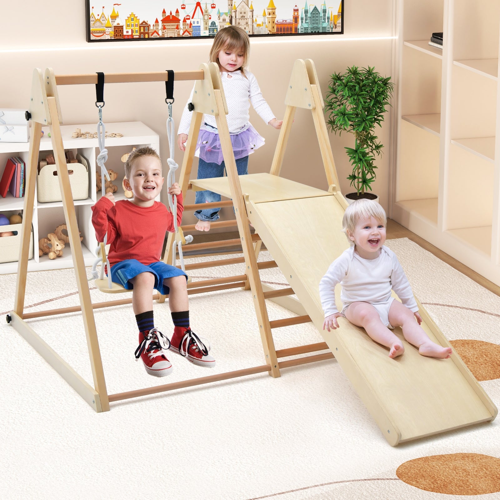 5-in-1 Indoor Jungle Gym Foldable Climber Playset with Fun Slide and Adjustable Swing, Natural Climbers & Slides at Gallery Canada