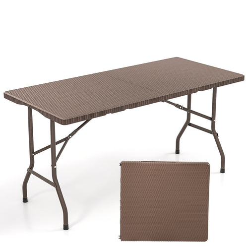 5FT Folding Picnic Table with Rattan Grain HDPE Tabletop and Sturdy Metal Fame, Coffee