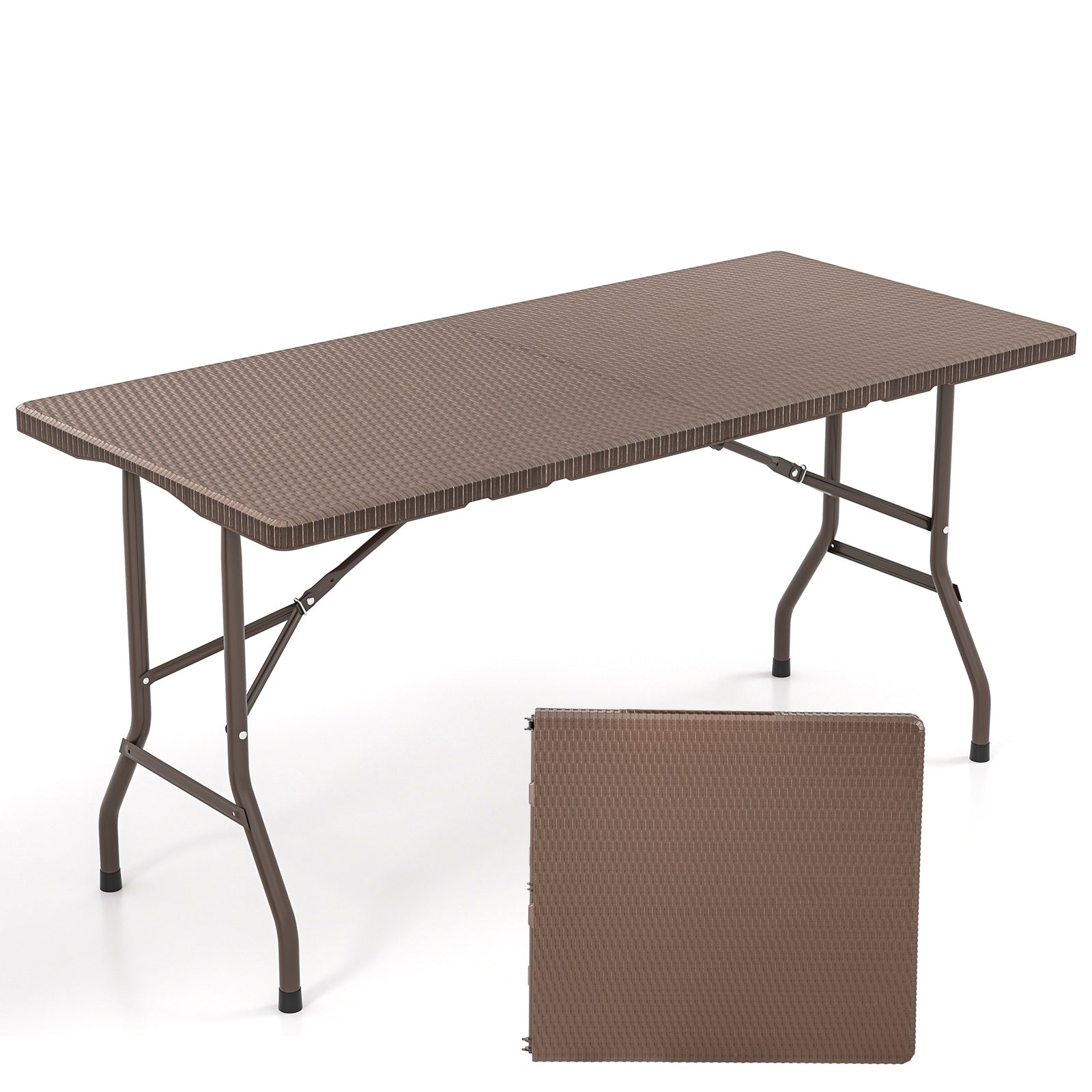5FT Folding Picnic Table, Rattan Grain HDPE Tabletop, Sturdy Metal Frame, Coffee Patio Dining Tables Coffee at Gallery Canada