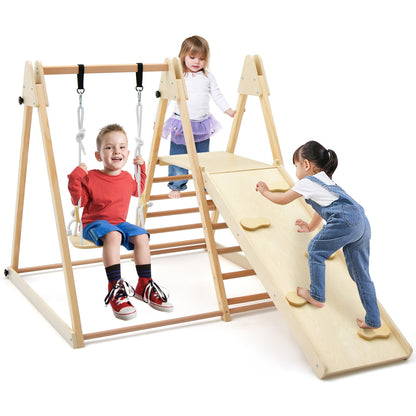 5-in-1 Indoor Jungle Gym Foldable Climber Playset with Fun Slide and Adjustable Swing, Natural Climbers & Slides at Gallery Canada