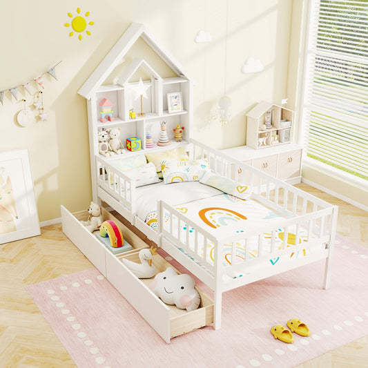 Twin Size House Bed, Montessori Kids Bed With Storage Headboard, White Trundle Bed Frame White at Gallery Canada