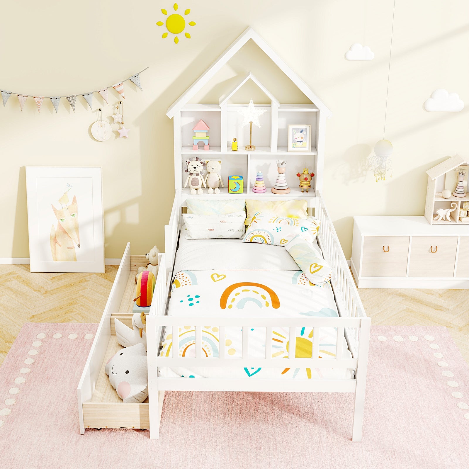 Twin Size House Bed Kids Montessori Bed with House-Shaped Storage Headboard, White Trundle Bed Frame at Gallery Canada