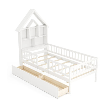 Twin Size House Bed Kids Montessori Bed with House-Shaped Storage Headboard, White Trundle Bed Frame White at Gallery Canada