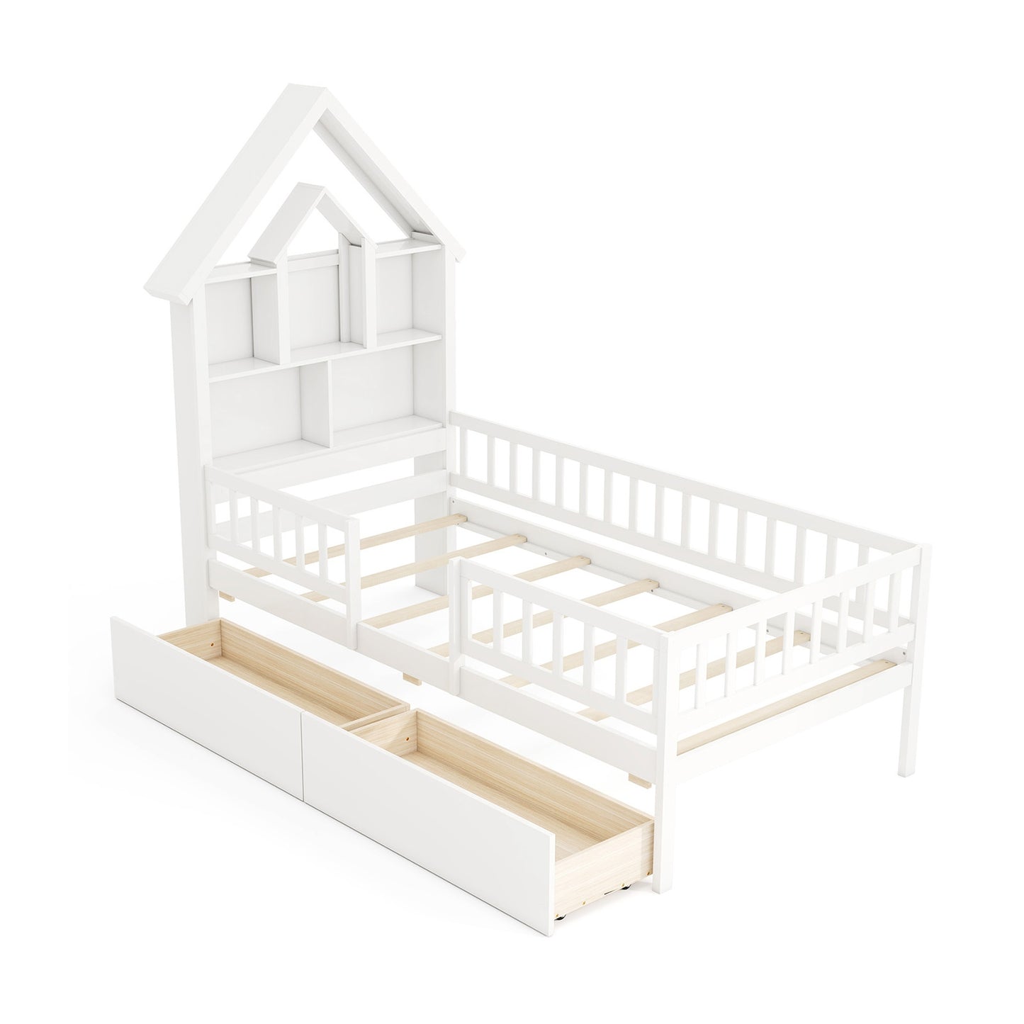 Twin Size House Bed Kids Montessori Bed with House-Shaped Storage Headboard, White Trundle Bed Frame at Gallery Canada
