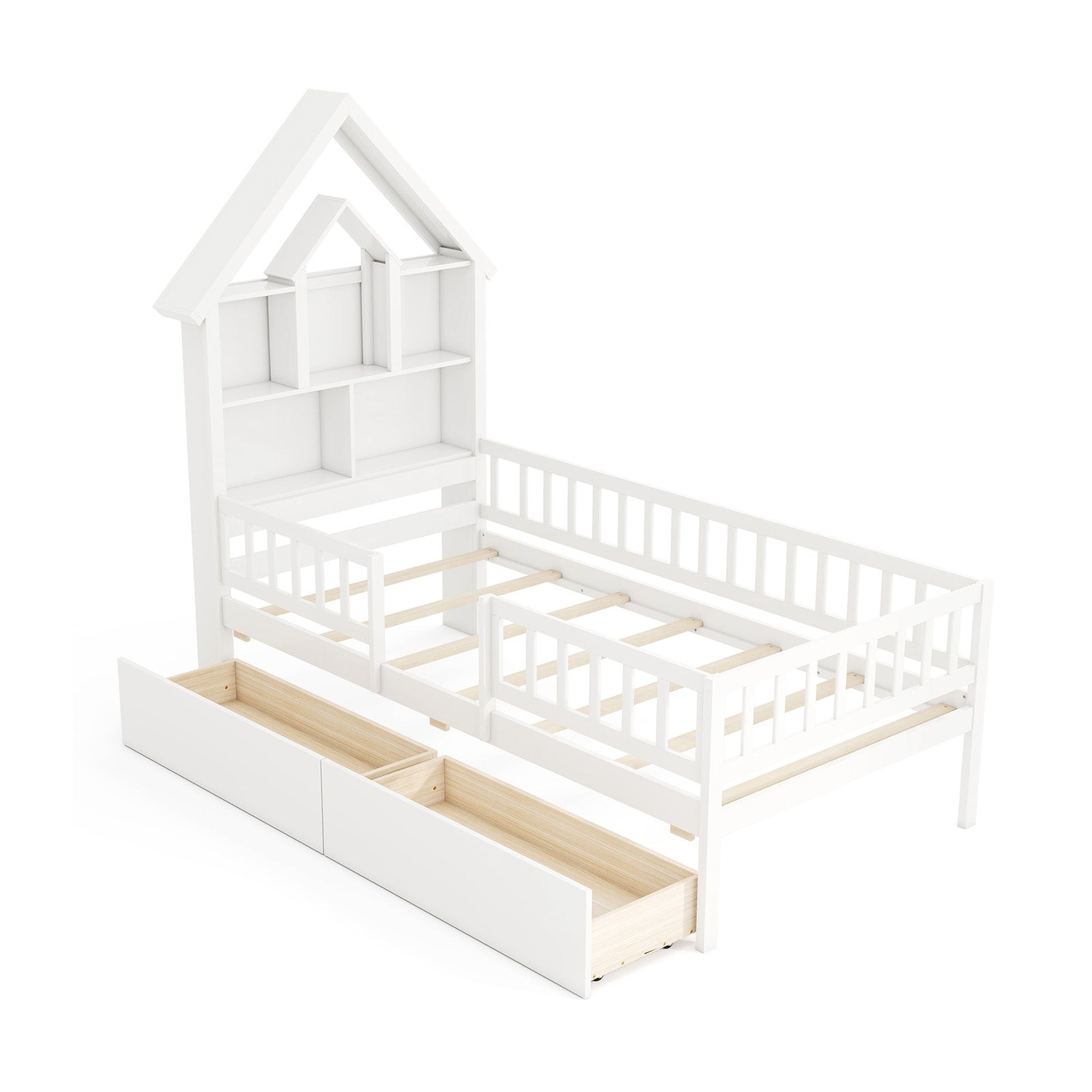 Twin Size House Bed, Montessori Kids Bed With Storage Headboard, White Trundle Bed Frame White at Gallery Canada