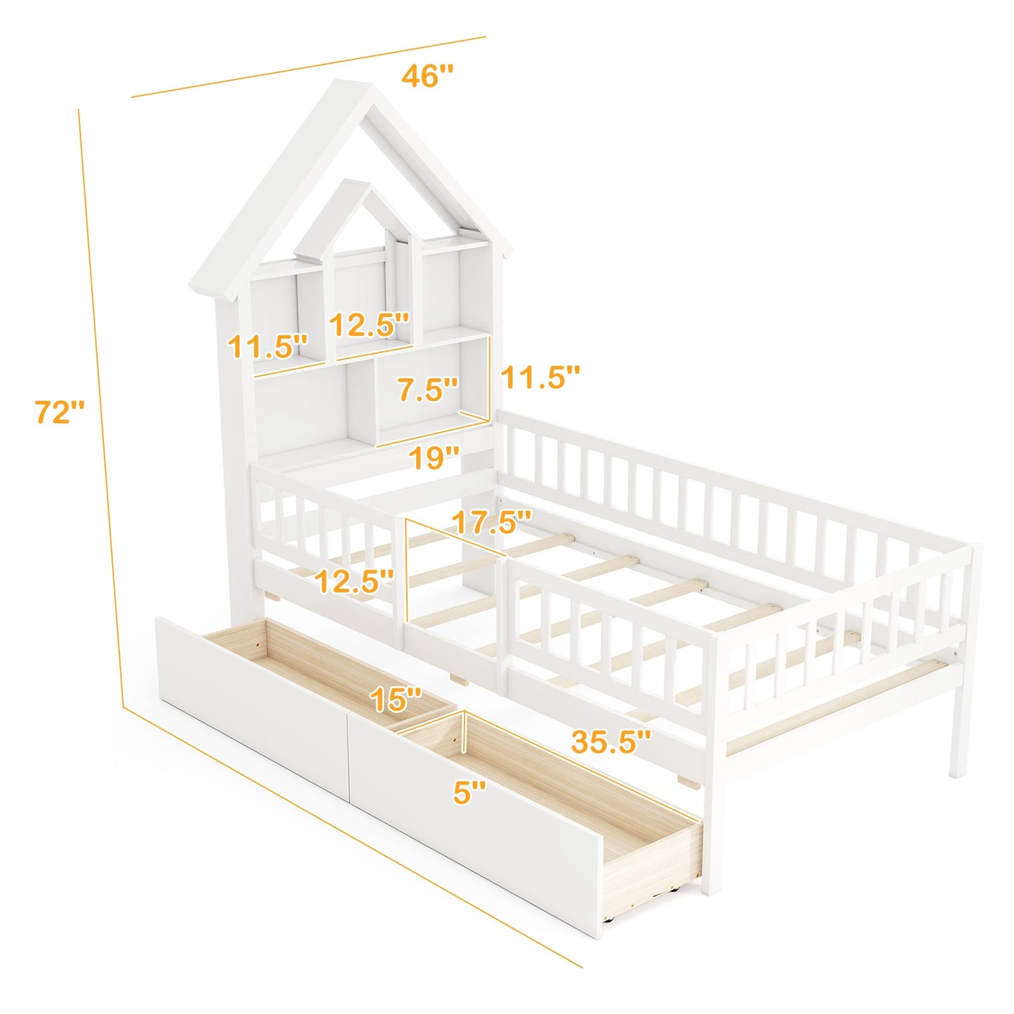 Twin Size House Bed Kids Montessori Bed with House-Shaped Storage Headboard, White Trundle Bed Frame at Gallery Canada