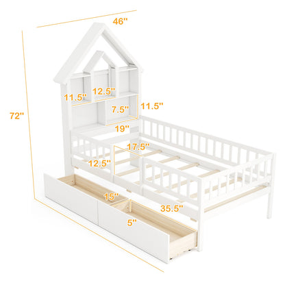 Twin Size House Bed Kids Montessori Bed with House-Shaped Storage Headboard, White Trundle Bed Frame at Gallery Canada