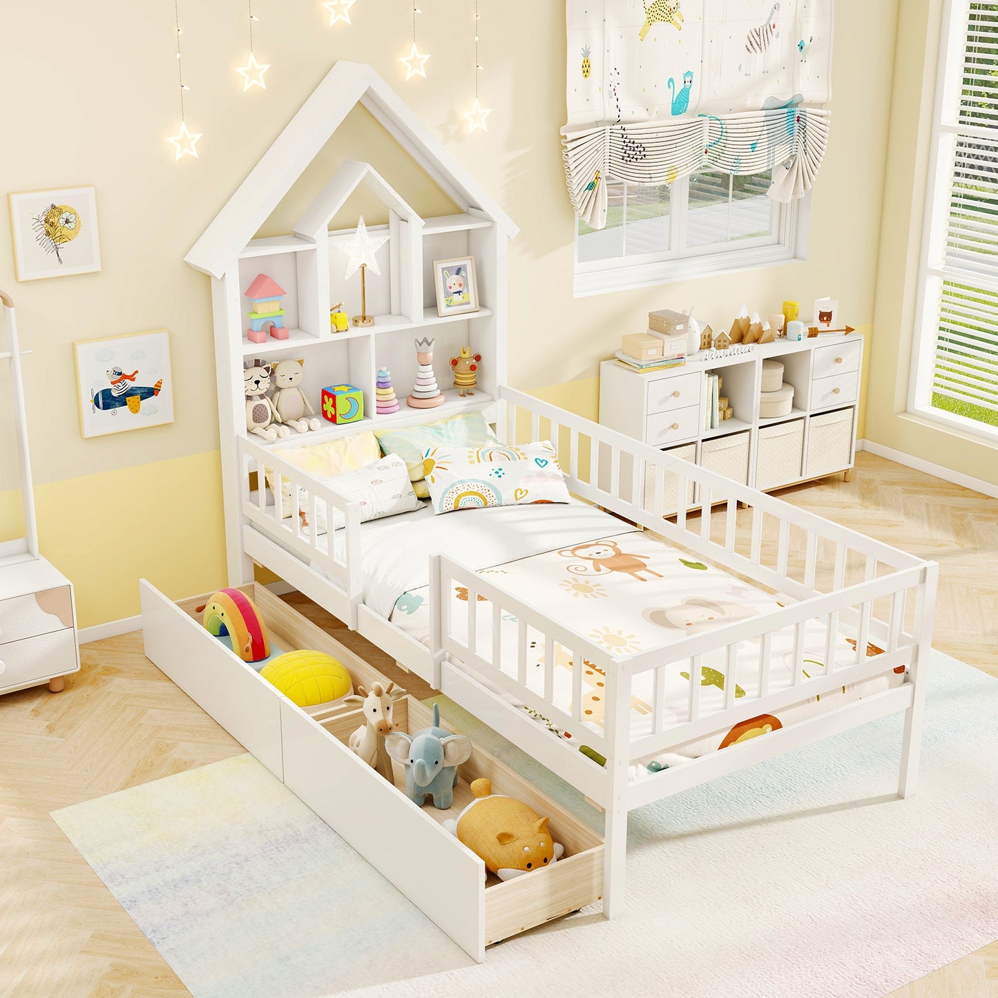 Twin Size House Bed Kids Montessori Bed with House-Shaped Storage Headboard, White Trundle Bed Frame at Gallery Canada