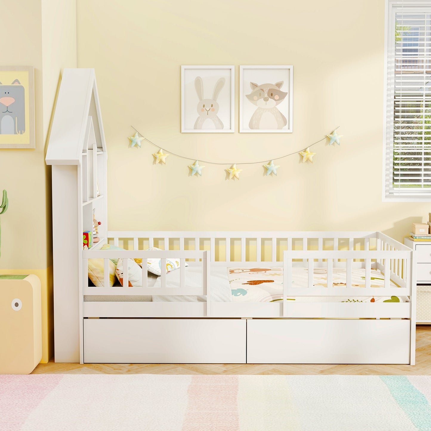 Twin Size House Bed Kids Montessori Bed with House-Shaped Storage Headboard, White Trundle Bed Frame at Gallery Canada