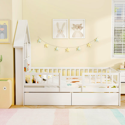 Twin Size House Bed Kids Montessori Bed with House-Shaped Storage Headboard, White Trundle Bed Frame at Gallery Canada