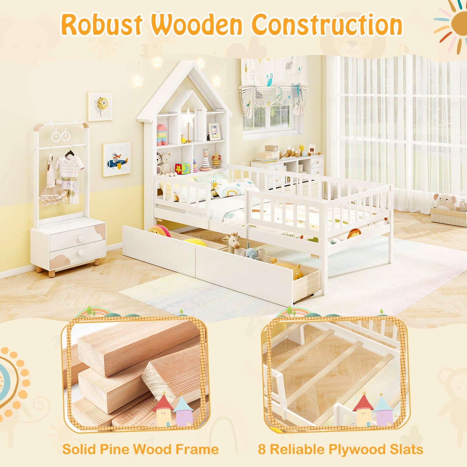 Twin Size House Bed Kids Montessori Bed with House-Shaped Storage Headboard, White Trundle Bed Frame at Gallery Canada