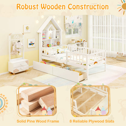 Twin Size House Bed Kids Montessori Bed with House-Shaped Storage Headboard, White Trundle Bed Frame at Gallery Canada
