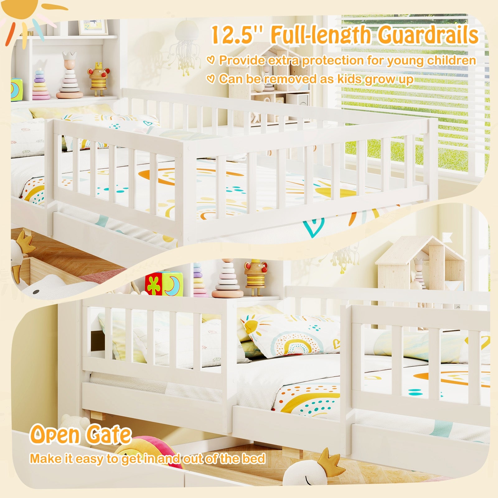Twin Size House Bed Kids Montessori Bed with House-Shaped Storage Headboard, White Trundle Bed Frame at Gallery Canada