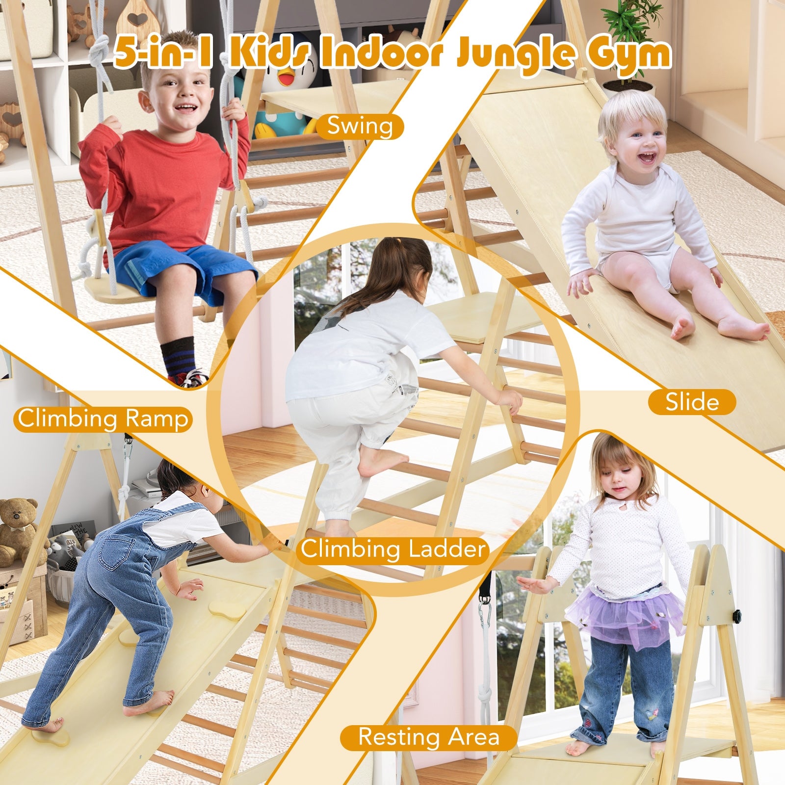 5-in-1 Indoor Jungle Gym Foldable Climber Playset with Fun Slide and Adjustable Swing, Natural Climbers & Slides at Gallery Canada