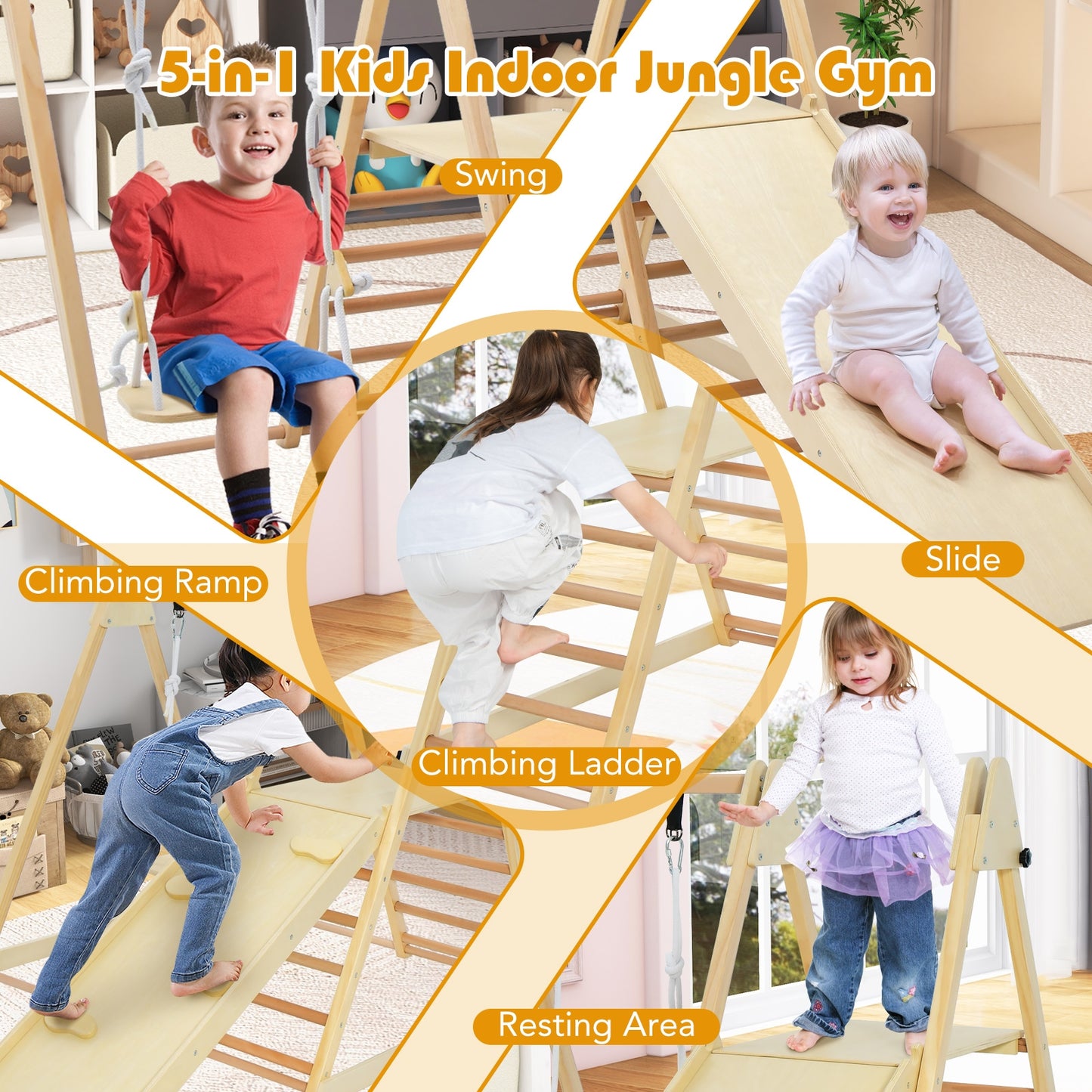 5-in-1 Indoor Jungle Gym Foldable Climber Playset with Fun Slide and Adjustable Swing, Natural Climbers & Slides at Gallery Canada