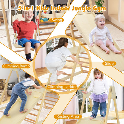 5-in-1 Indoor Jungle Gym Foldable Climber Playset with Fun Slide and Adjustable Swing, Natural Climbers & Slides at Gallery Canada