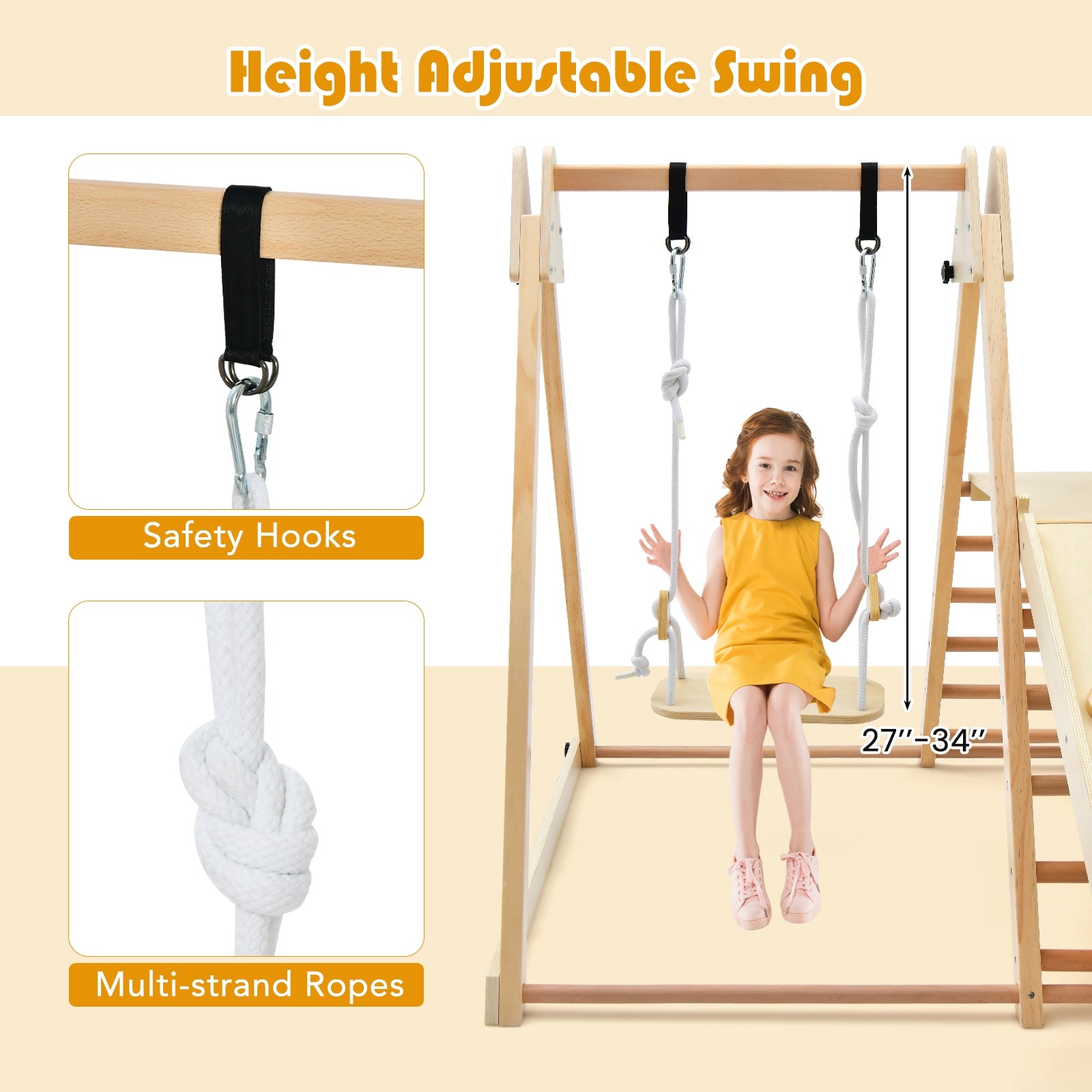 5-in-1 Indoor Jungle Gym Foldable Climber Playset with Fun Slide and Adjustable Swing, Natural Climbers & Slides at Gallery Canada