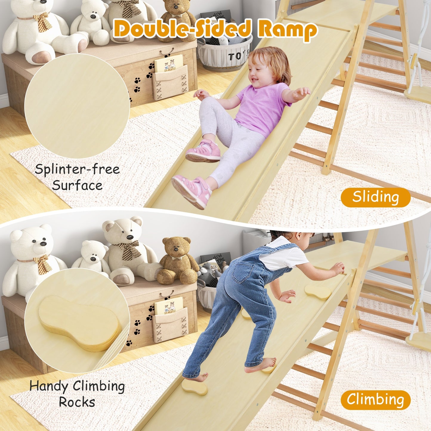 5-in-1 Indoor Jungle Gym Foldable Climber Playset with Fun Slide and Adjustable Swing, Natural Climbers & Slides at Gallery Canada