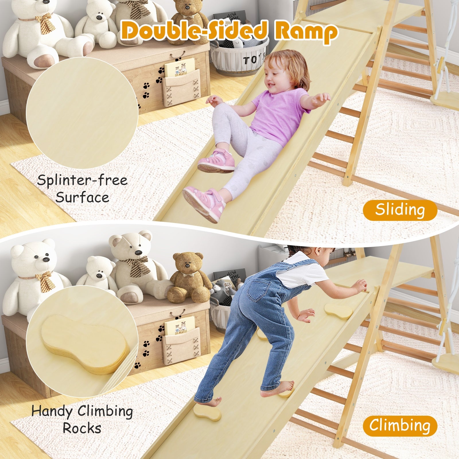 5-in-1 Indoor Jungle Gym Foldable Climber Playset with Fun Slide and Adjustable Swing, Natural Climbers & Slides at Gallery Canada