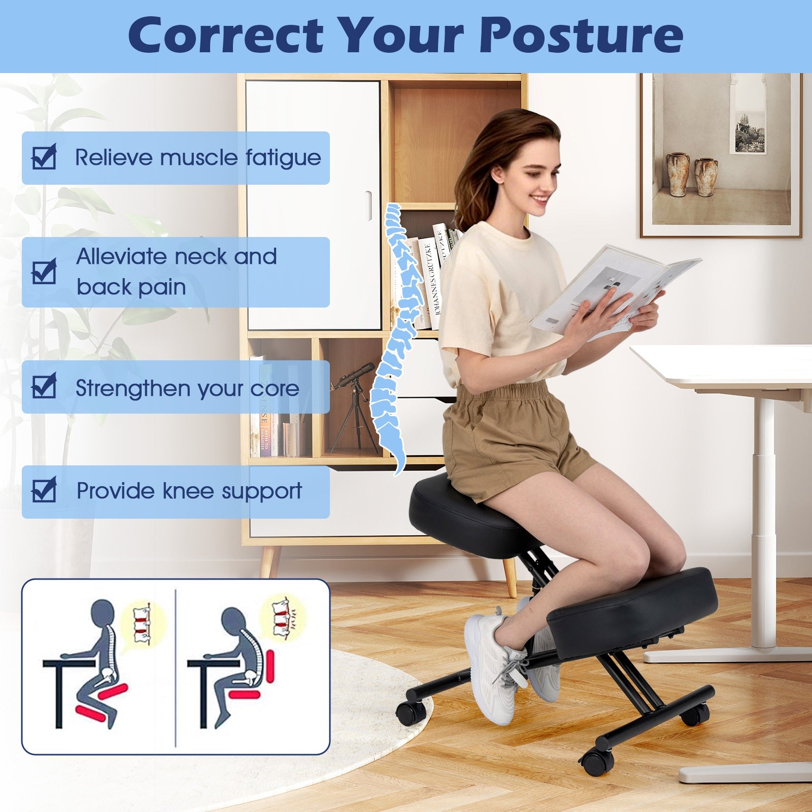 Height Adjustable Kneeling Chair Posture Correction Stool, Black Kneeling Chairs at Gallery Canada