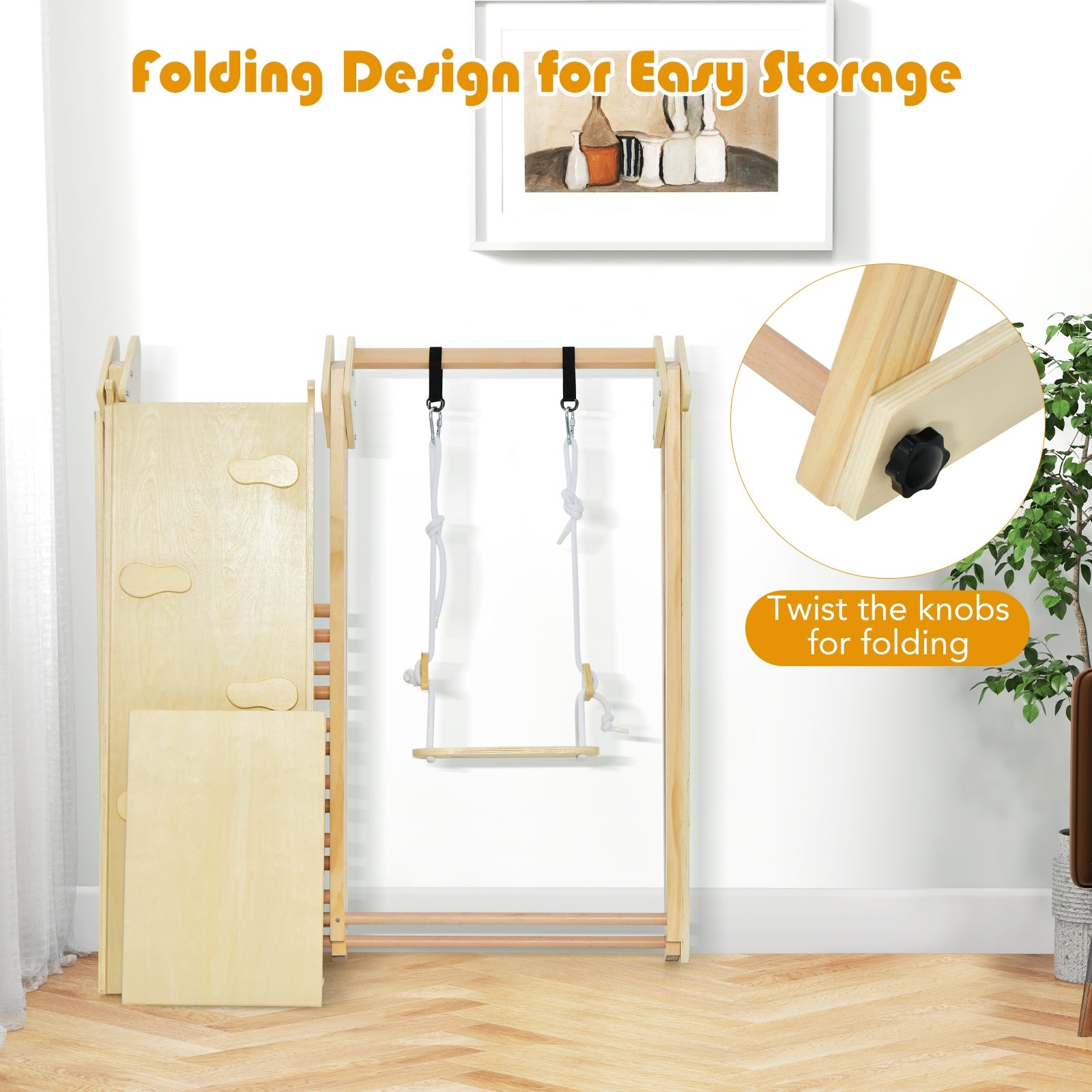 5-in-1 Indoor Jungle Gym Foldable Climber Playset with Fun Slide and Adjustable Swing, Natural Climbers & Slides at Gallery Canada