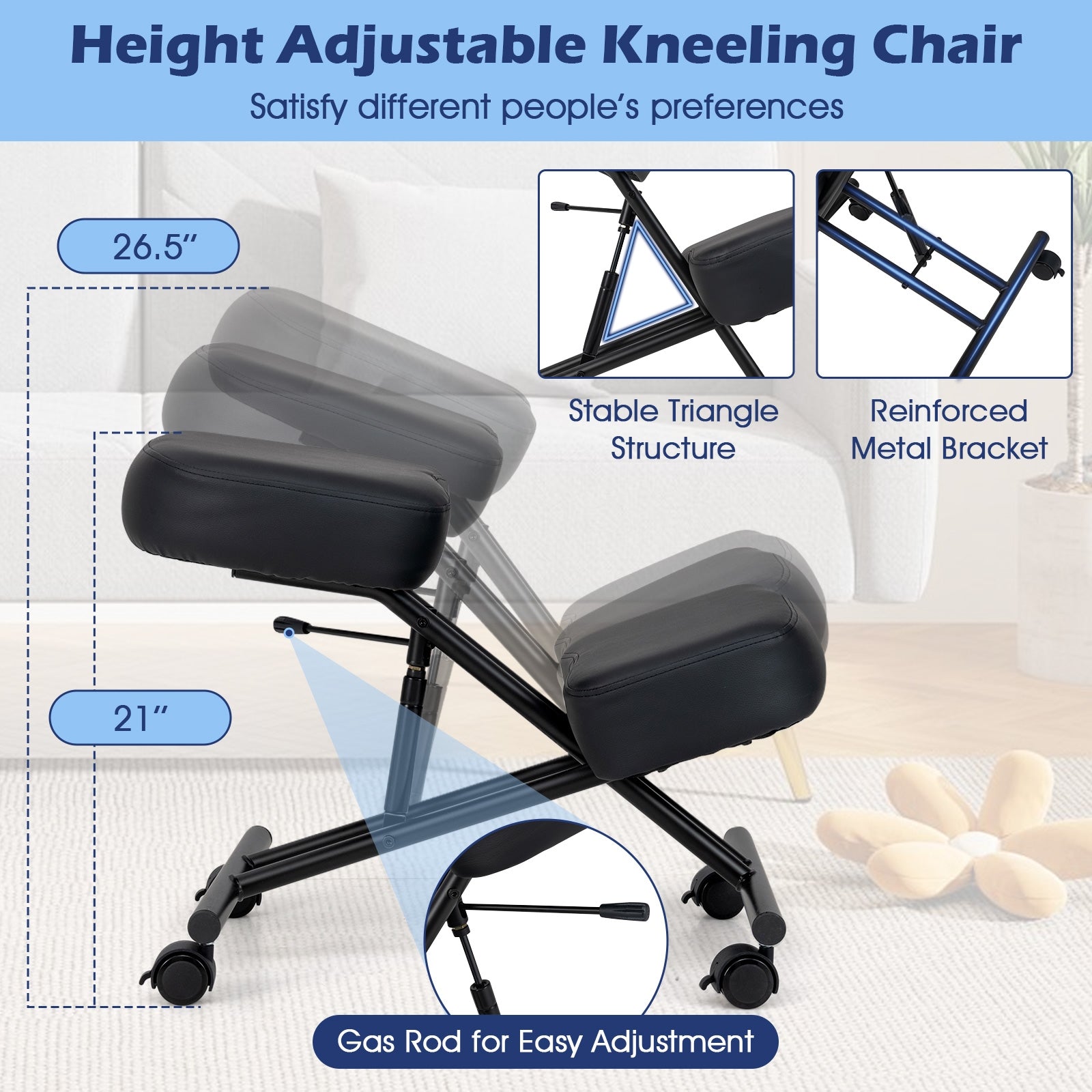 Height Adjustable Kneeling Chair Posture Correction Stool, Black Kneeling Chairs at Gallery Canada