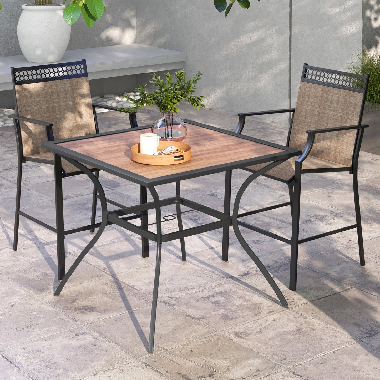 Patio Dining Table for 4 Square Bistro Table with Umbrella Holes, Black & Brown Patio Dining Tables at Gallery Canada