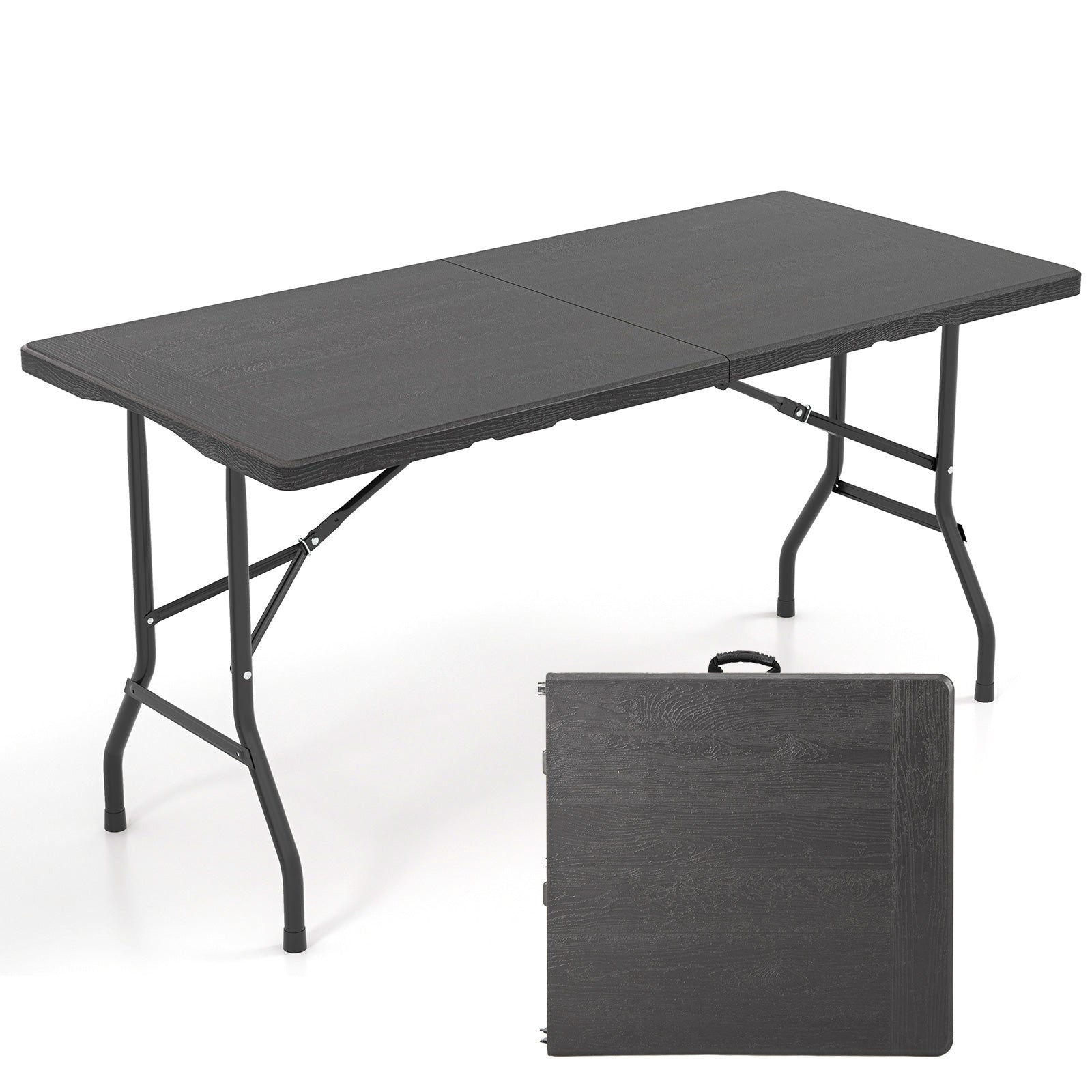 5FT Folding Picnic Table, Wood Grain HDPE Tabletop, Non-Slip Foot Pads, Black Patio Dining Tables Black at Gallery Canada
