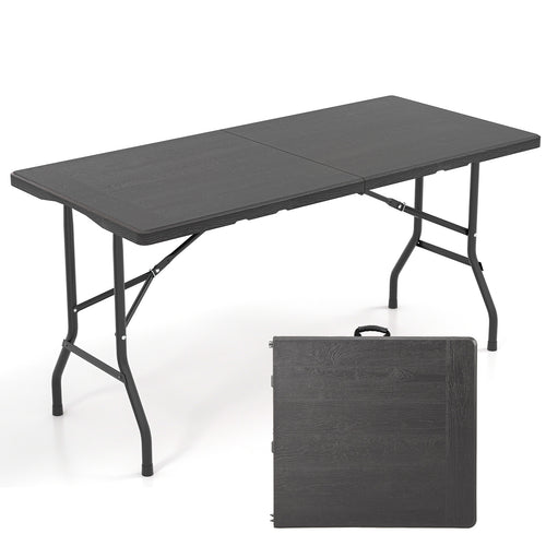 5FT Folding Picnic Table, Wood Grain HDPE Tabletop, Non-Slip Foot Pads, Black