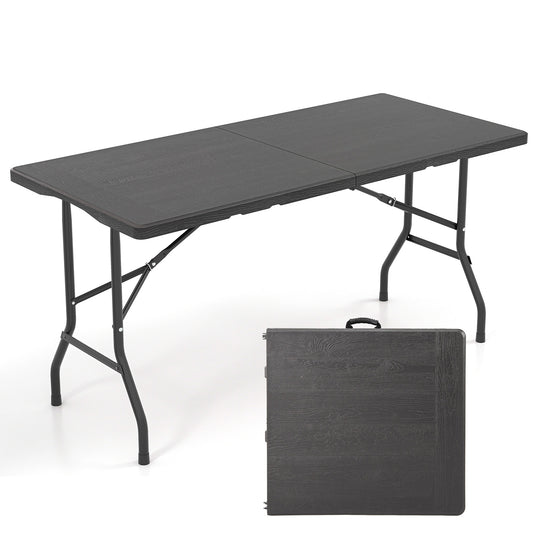 5FT Folding Picnic Table, Wood Grain HDPE Tabletop, Non-Slip Foot Pads, Black Patio Dining Tables Black at Gallery Canada