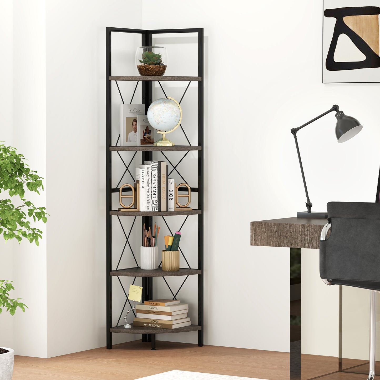 5-Tier Freestanding Corner Shelf 63 Inch Tall Storage Rack, Oak Bookcases at Gallery Canada