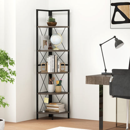 5-Tier Freestanding Corner Shelf 63 Inch Tall Storage Rack, Oak Bookcases at Gallery Canada