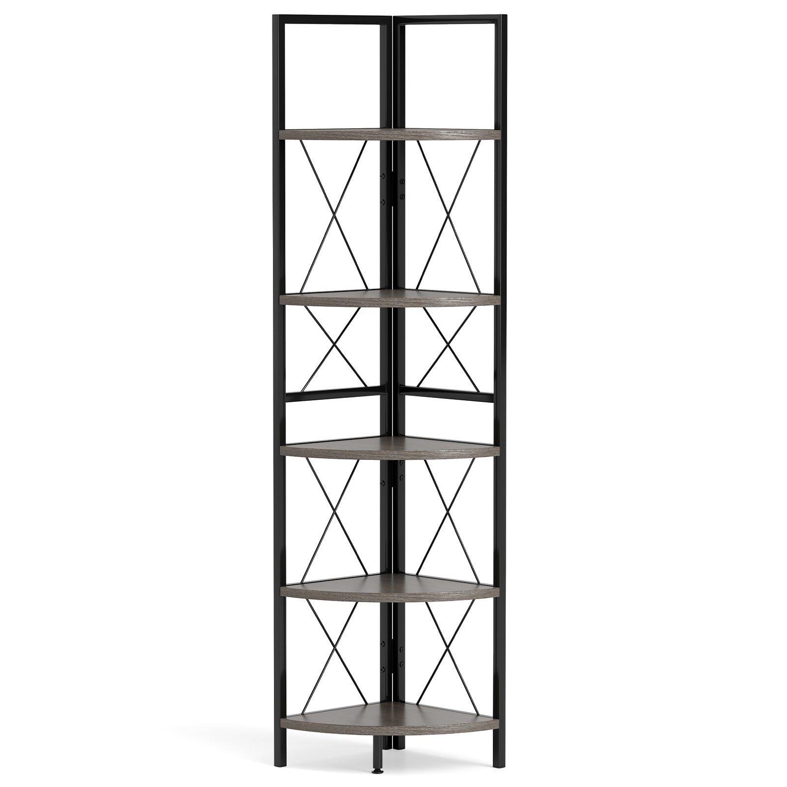 5-Tier Freestanding Corner Shelf 63 Inch Tall Storage Rack, Oak Bookcases Oak at Gallery Canada