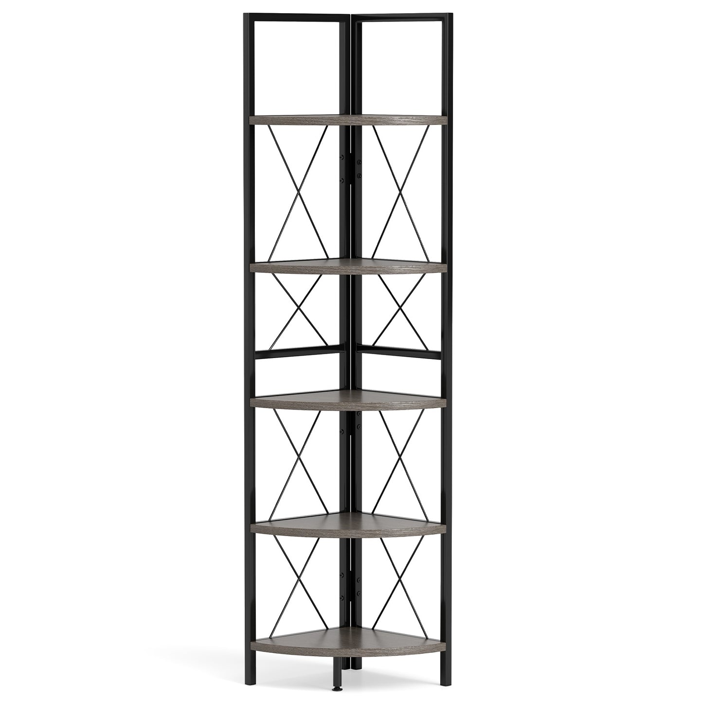 5-Tier Freestanding Corner Shelf 63 Inch Tall Storage Rack, Oak Bookcases Oak at Gallery Canada