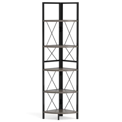 5-Tier Freestanding Corner Shelf 63 Inch Tall Storage Rack, Oak Bookcases Oak at Gallery Canada