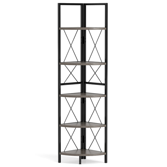 5-Tier Freestanding Corner Shelf 63 Inch Tall Storage Rack, Oak Bookcases Oak at Gallery Canada