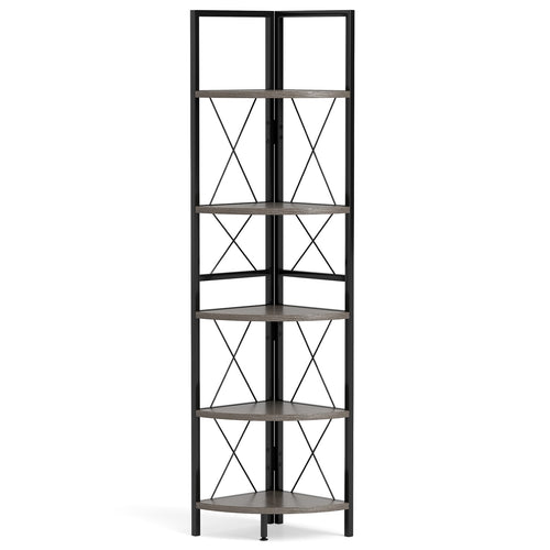 5-Tier Freestanding Corner Shelf 63 Inch Tall Storage Rack, Oak