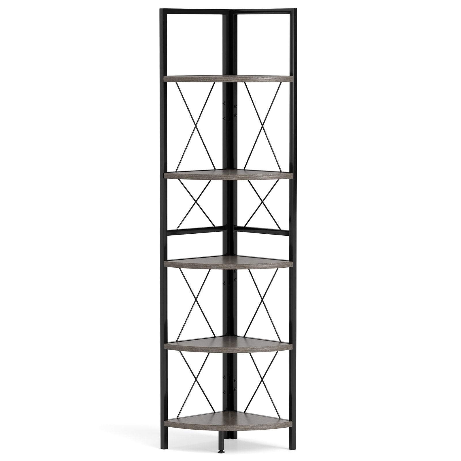 5-Tier Freestanding Corner Shelf 63 Inch Tall Storage Rack, Oak Bookcases at Gallery Canada