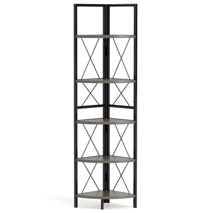 5-Tier Freestanding Corner Shelf 63 Inch Tall Storage Rack, Oak Bookcases at Gallery Canada