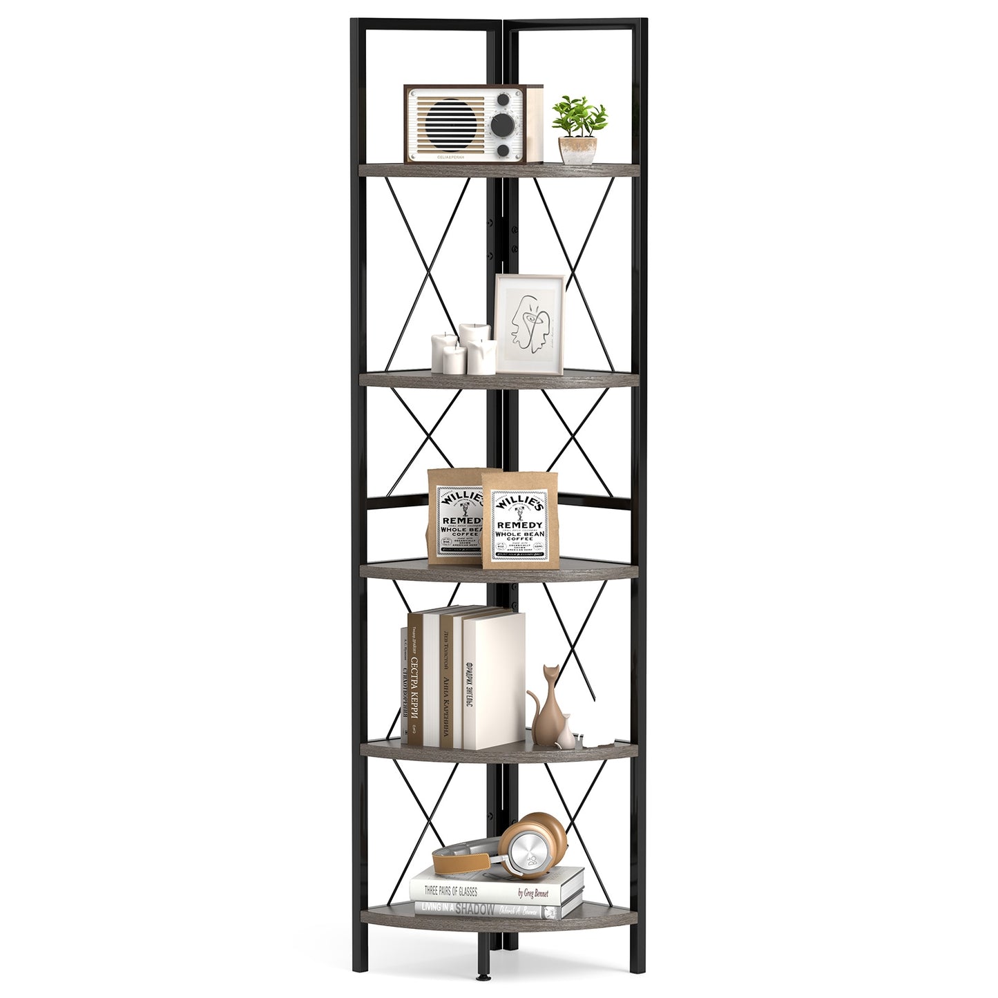 5-Tier Freestanding Corner Shelf 63 Inch Tall Storage Rack, Oak Bookcases at Gallery Canada