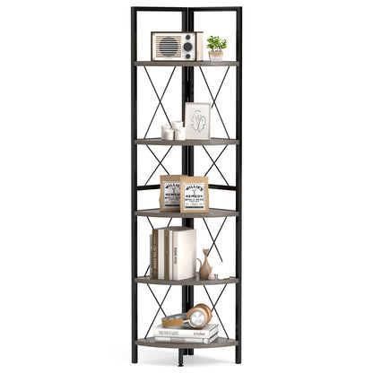 5-Tier Freestanding Corner Shelf 63 Inch Tall Storage Rack, Oak Bookcases at Gallery Canada