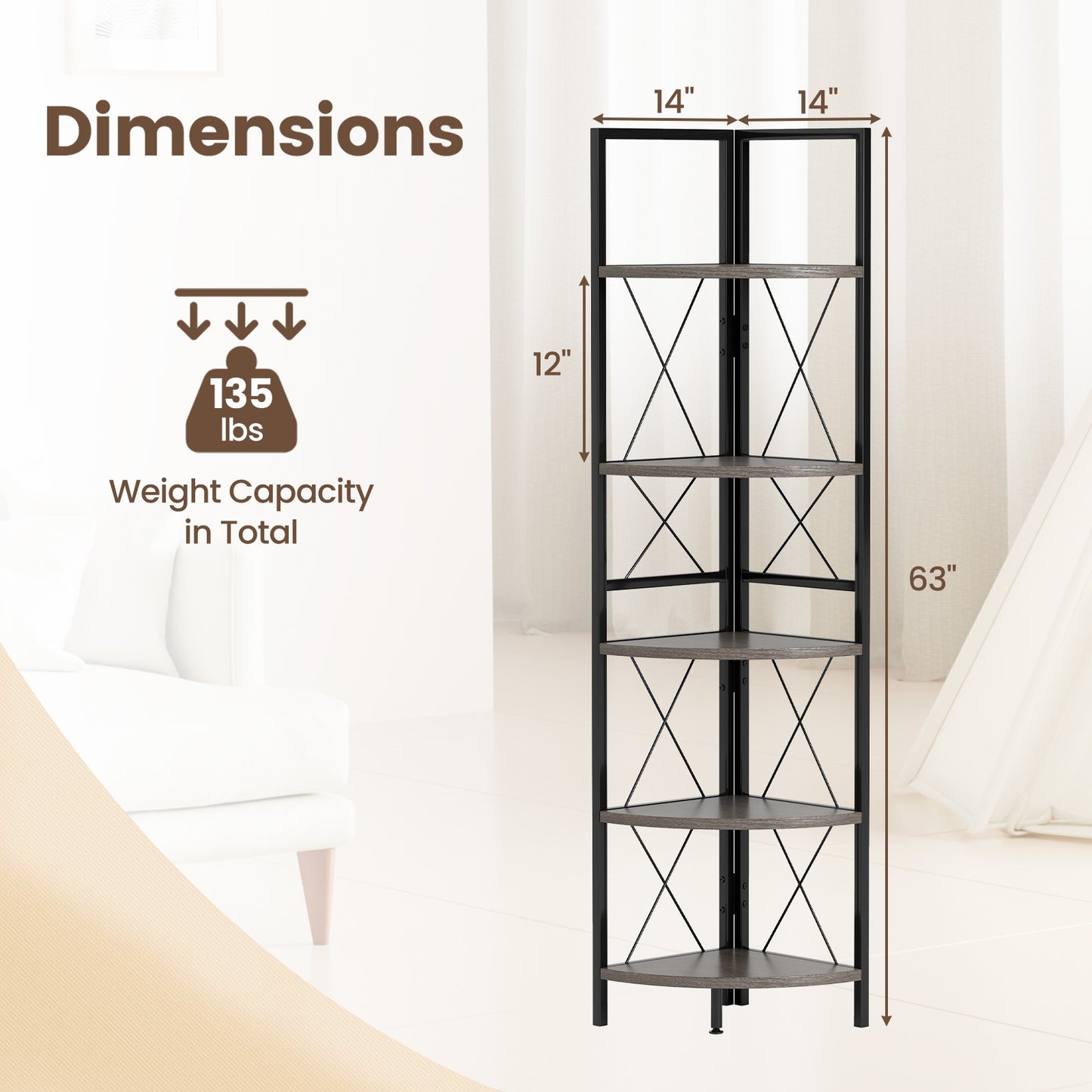 5-Tier Freestanding Corner Shelf 63 Inch Tall Storage Rack, Oak Bookcases at Gallery Canada