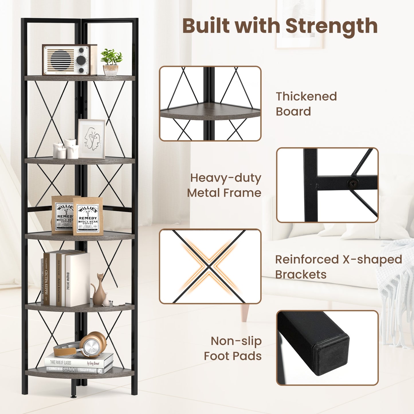 5-Tier Freestanding Corner Shelf 63 Inch Tall Storage Rack, Oak Bookcases at Gallery Canada