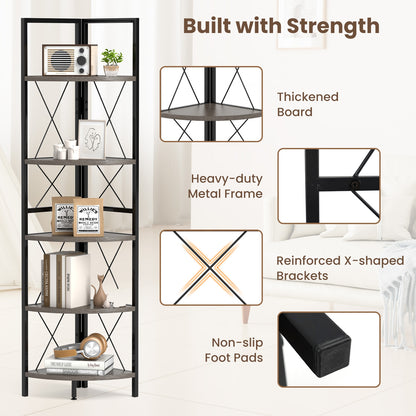 5-Tier Freestanding Corner Shelf 63 Inch Tall Storage Rack, Oak Bookcases at Gallery Canada