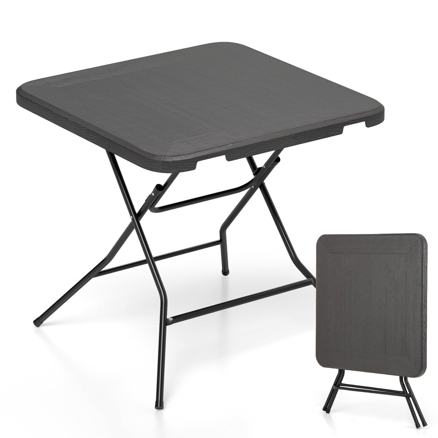 2.6FT Foldable Dining Table, Wood Grain HDPE Tabletop, Non-Slip Foot Pads, Black Patio Dining Tables Black at Gallery Canada