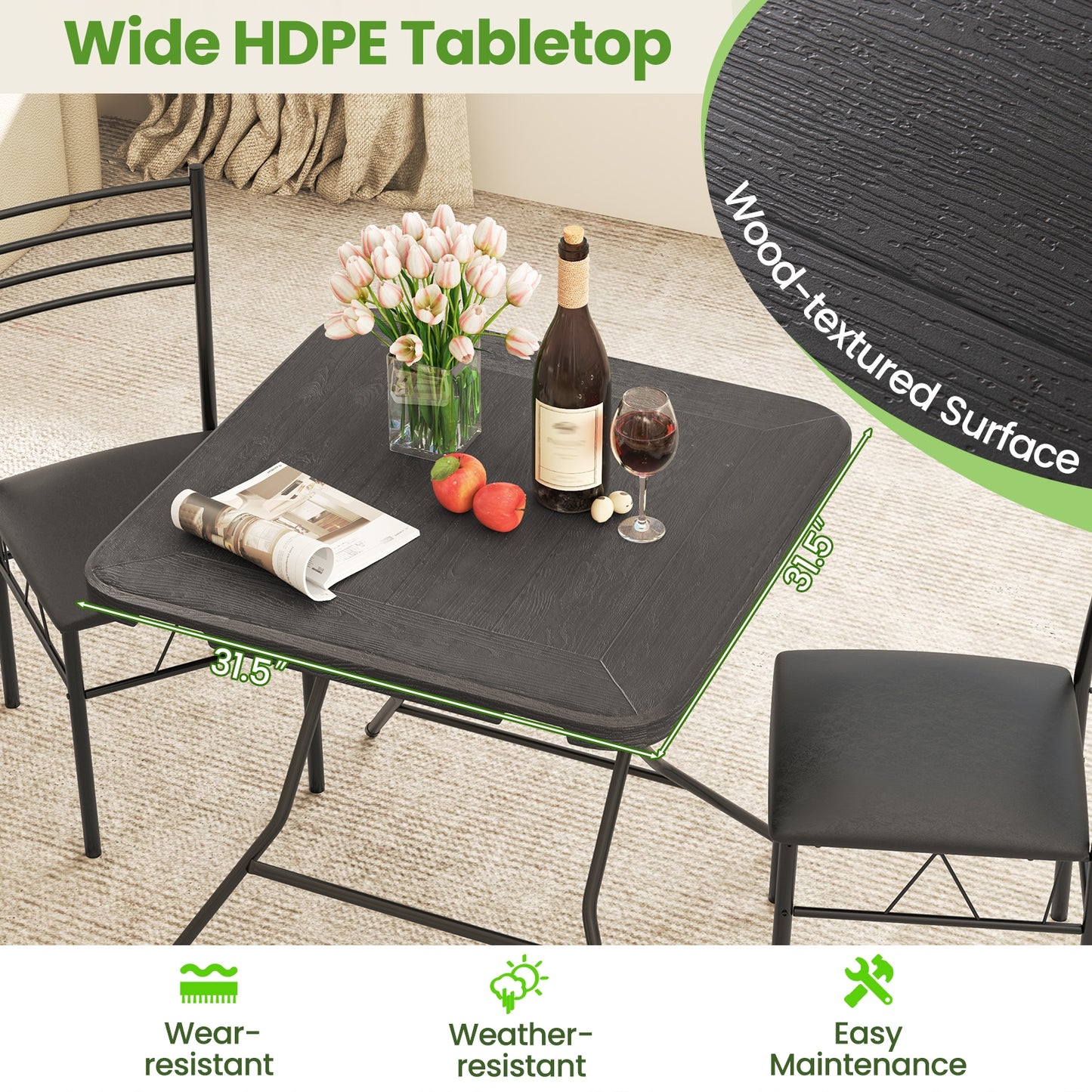 2.6FT Foldable Dining Table with Wood Grain HDPE Tabletop and Non-slip Foot Pads, Black Patio Dining Tables at Gallery Canada