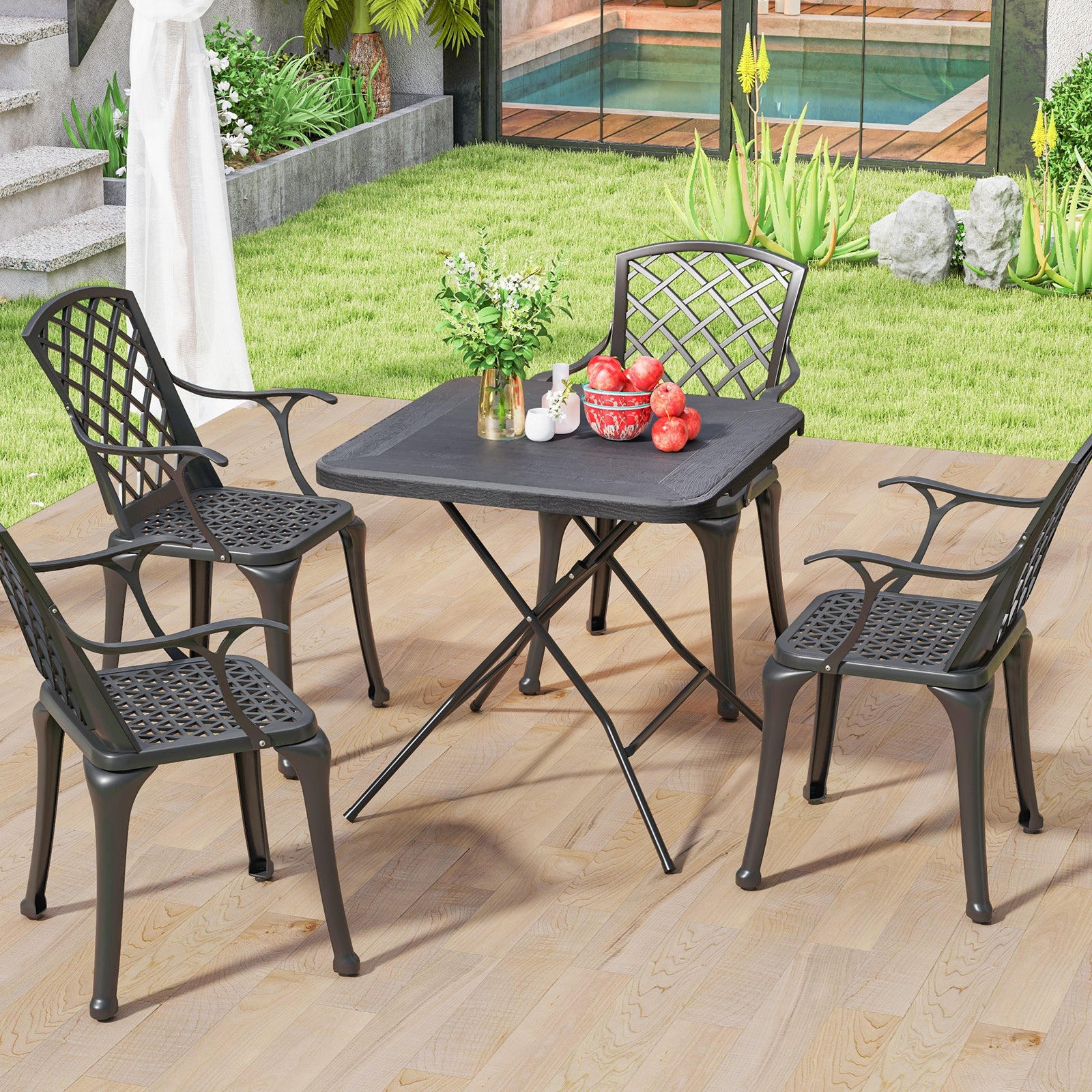 2.6FT Foldable Dining Table with Wood Grain HDPE Tabletop and Non-slip Foot Pads, Black Patio Dining Tables at Gallery Canada