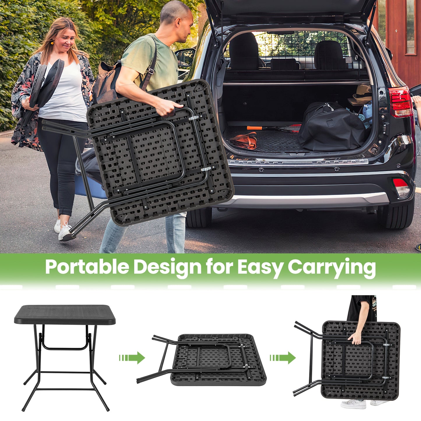 2.6FT Foldable Dining Table with Wood Grain HDPE Tabletop and Non-slip Foot Pads, Black Patio Dining Tables at Gallery Canada