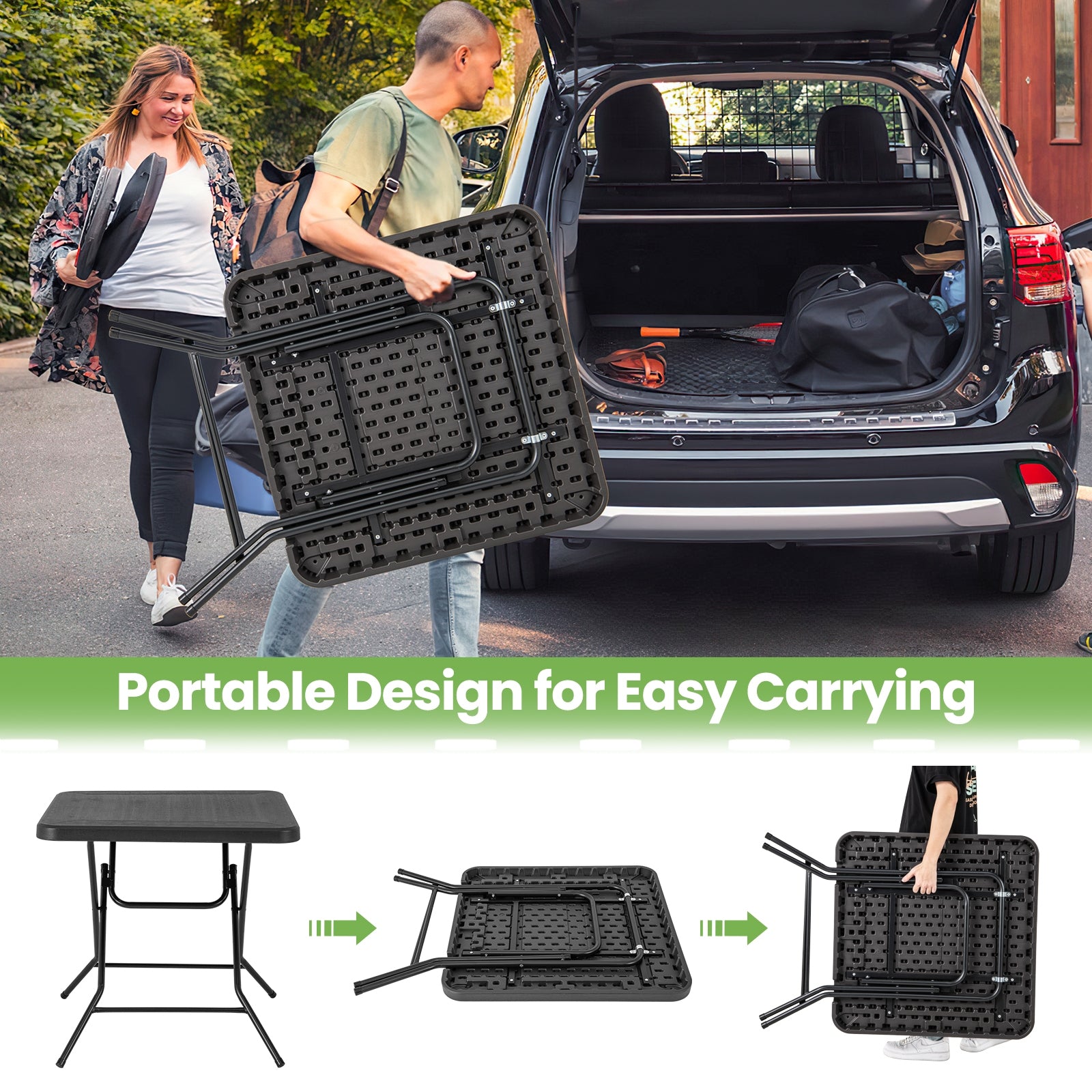 2.6FT Foldable Dining Table with Wood Grain HDPE Tabletop and Non-slip Foot Pads, Black Patio Dining Tables at Gallery Canada