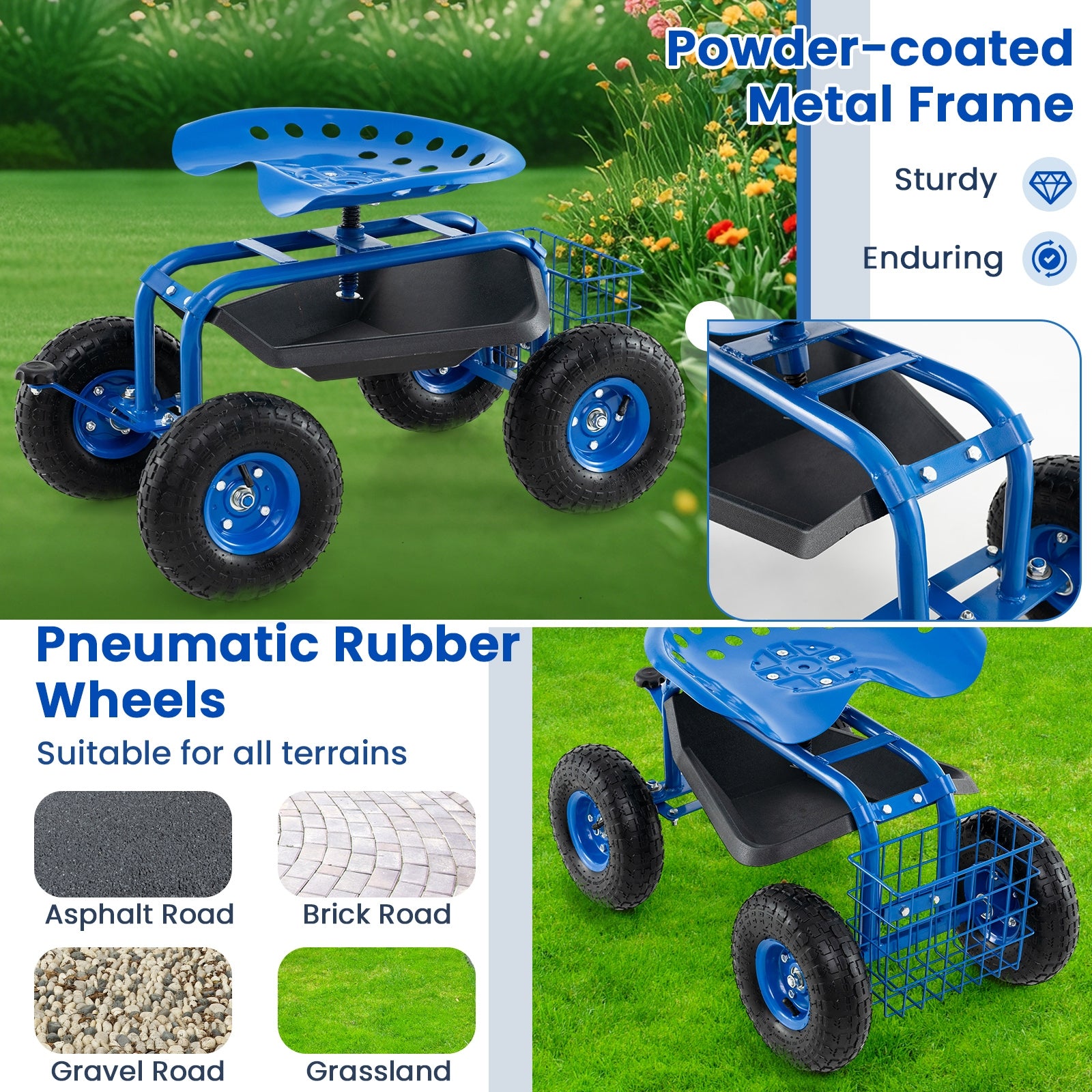 4-Wheel Rolling Garden Cart Work Seat, Blue Garden Carts at Gallery Canada